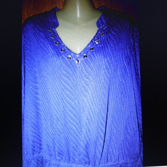 Valorie Stephens Blue LS Blouse Rhinestone Accents Sz 2X - Picture 2 of 6